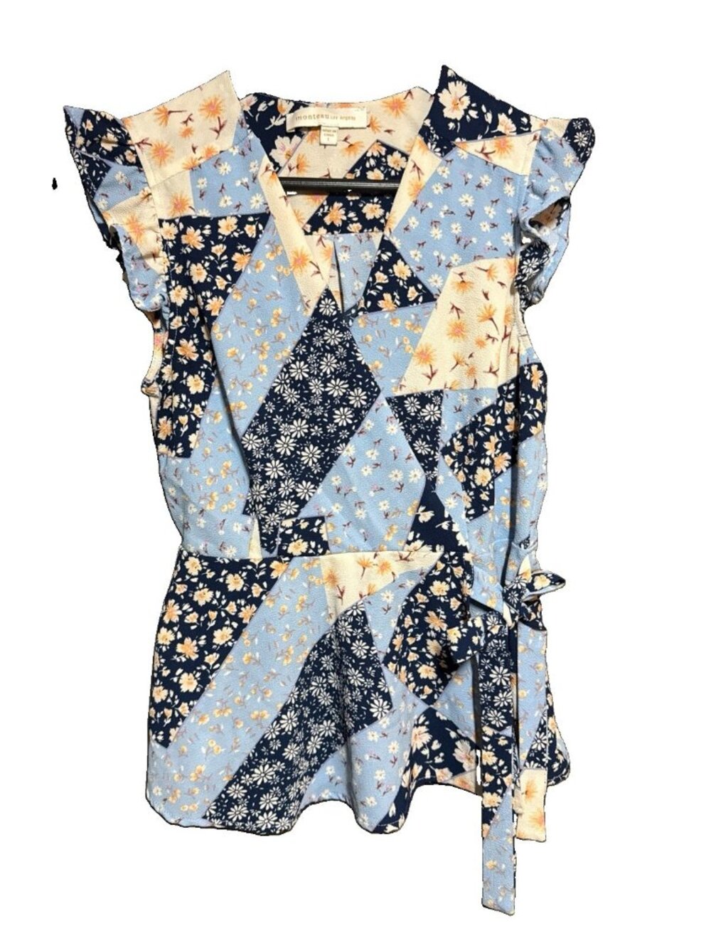 Women’s Monteau Los Angeles Floral Blouse Top Size L Peplum Wrap Tie waist